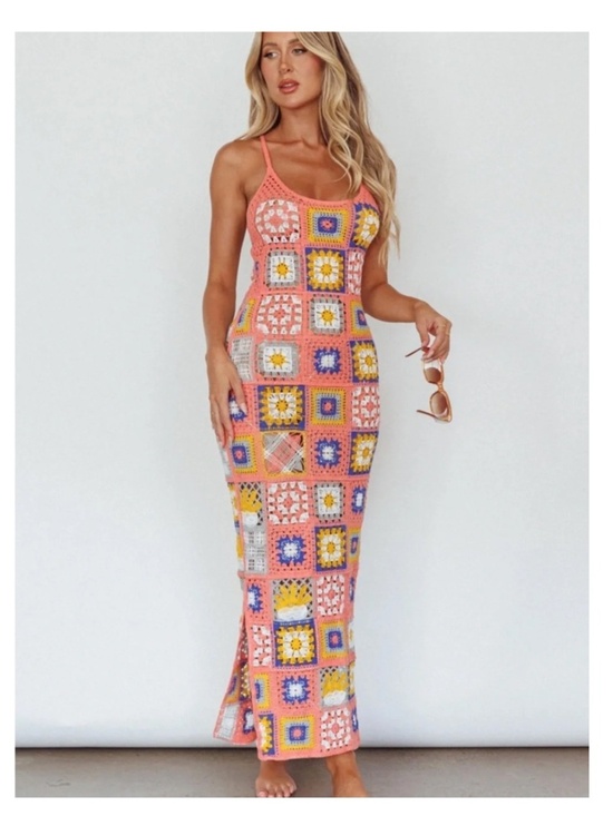 Indi luxe Dresses & Skirts - Bali Babe Crochet Maxi Dress in coral 🪸 and Multi color accent squares
